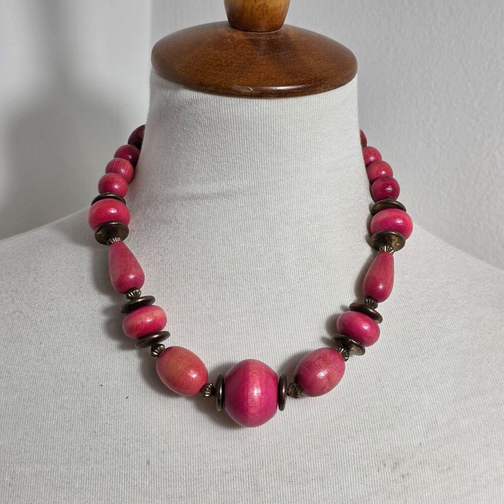 Vintage Chunky Hot Pink Wooden Bead Necklace Small Bronze Tone Spacer Beads
